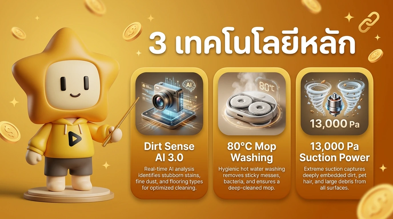 Infographic showing the three main technologies: Dirt Sense AI 3.0, 80°C Mop Washing, and 13,000 Pa Suction Power with icons and brief explanations.