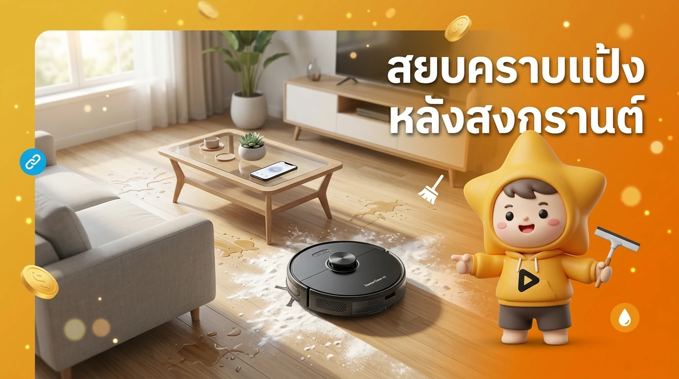 A clean modern living room after Songkran festival with an AI robot vacuum cleaning a white powder stain on the floor