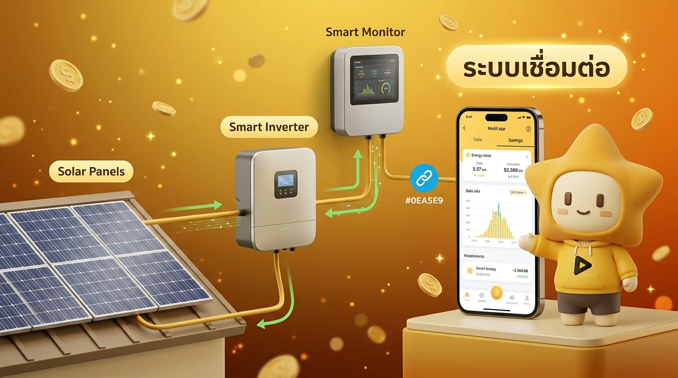 System diagram showing connection between Solar Panels, Smart Inverter, Smart Monitor, and Mobile App