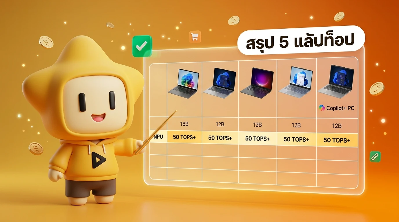 Nong Dee Jing mascot smiling and pointing at a comparison chart of the 5 laptops