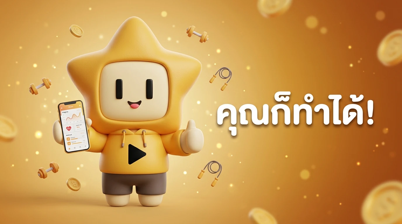 Mascot "Nong Dee Jing" the cute 3D star-hooded character giving a thumbs up and holding a smartphone showing a fitness app, with the text "You can do it!" in Thai.