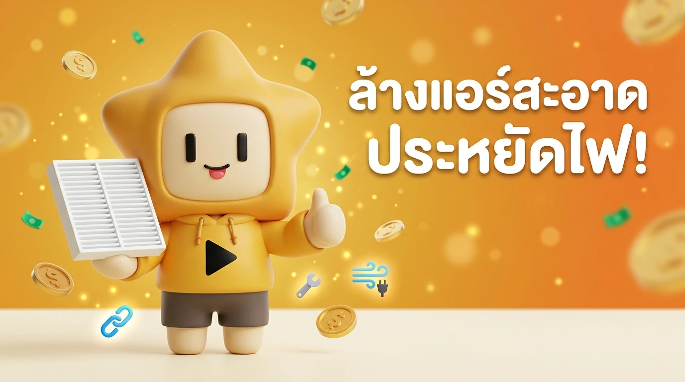 Friendly mascot "Nong Dee-Jing" holding a clean air filter and giving a thumbs up