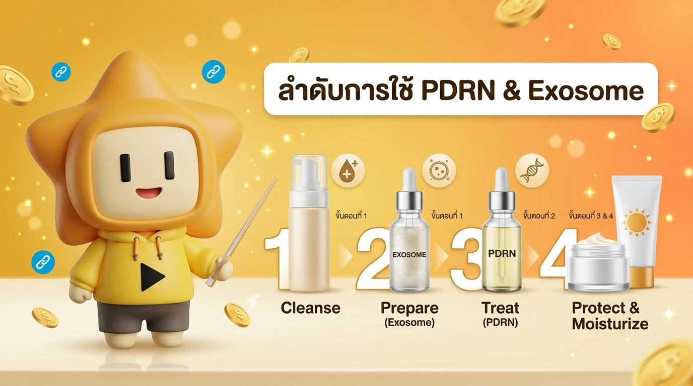Step-by-step skincare routine diagram for using PDRN and Exosome products