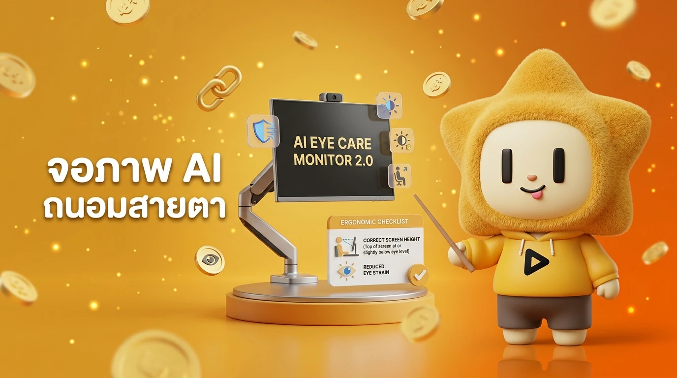 Infographic illustrating the benefits of AI-powered Eye Care Monitor 2.0 and correct screen height for ergonomics