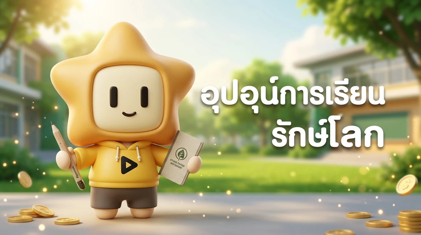 Mascot "Nong Dee Jing" holding a plantable pencil and a stone paper notebook, smiling with a background of a green school campus.