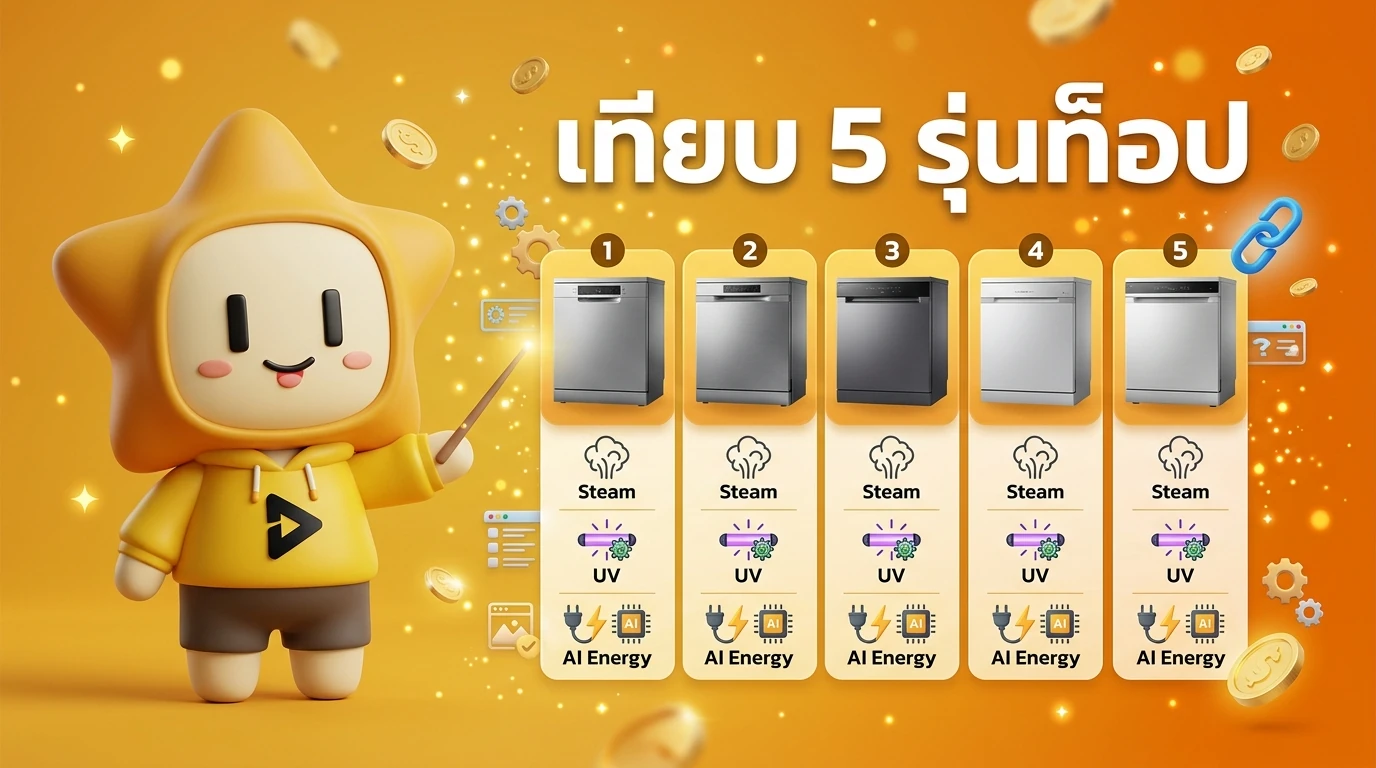 Infographic showing the 5 AI Dishwasher models compared with icons for Steam, UV, and AI Energy features