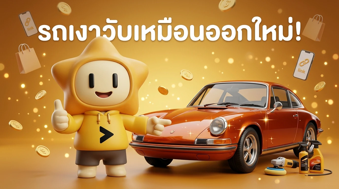 Nong Dee Jing mascot wearing a yellow hoodie, pointing at a shiny restored car with a thumbs up and a big smile