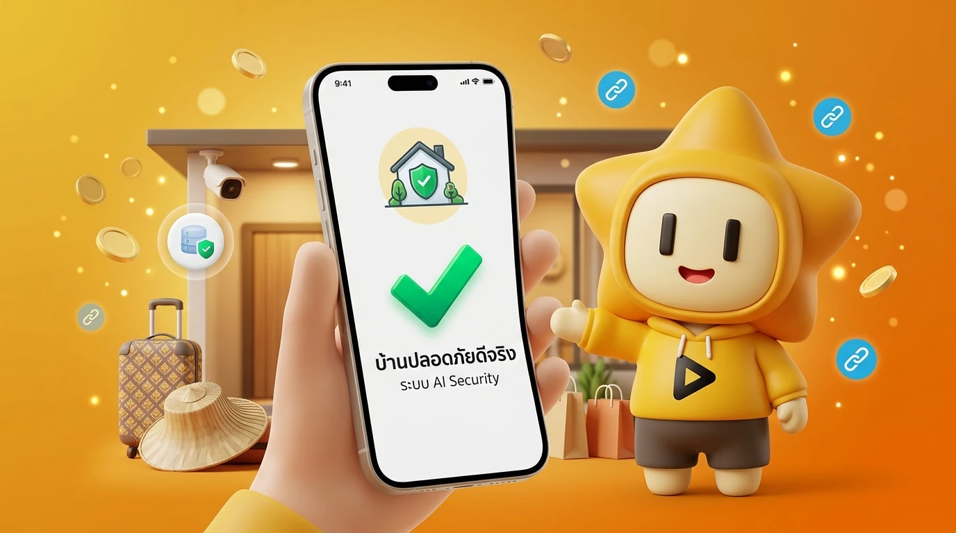 Happy family returning home after Songkran vacation, looking at their smartphone with a green "All Secure" checkmark from their AI home system