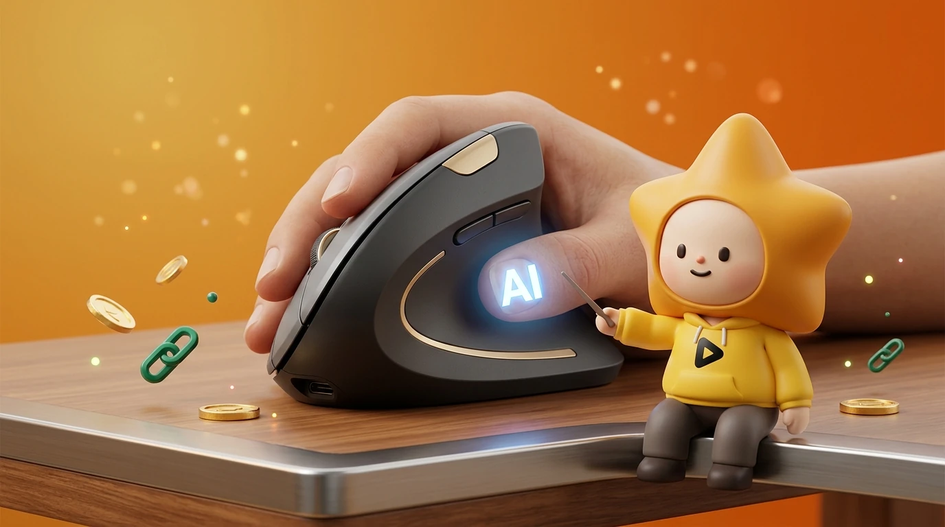 Close-up of a smart vertical mouse with a glowing AI logo button, showing ergonomic hand position