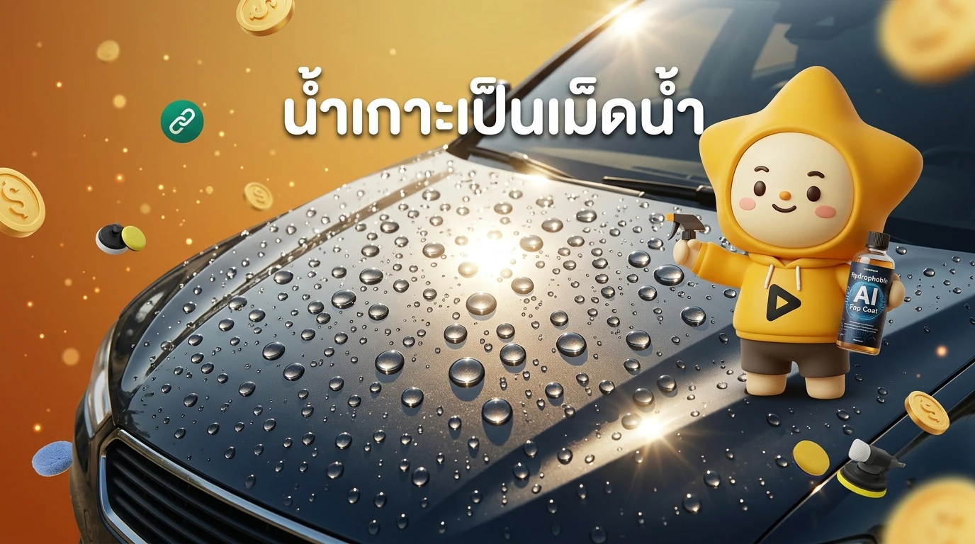 Water beading effect on a car hood after using Hydrophobic AI Top Coat with sunlight reflection