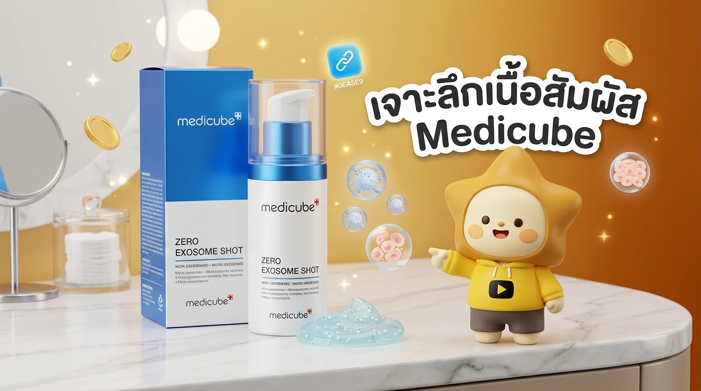 Close-up of Medicube Zero Exosome Shot texture and packaging on a modern vanity