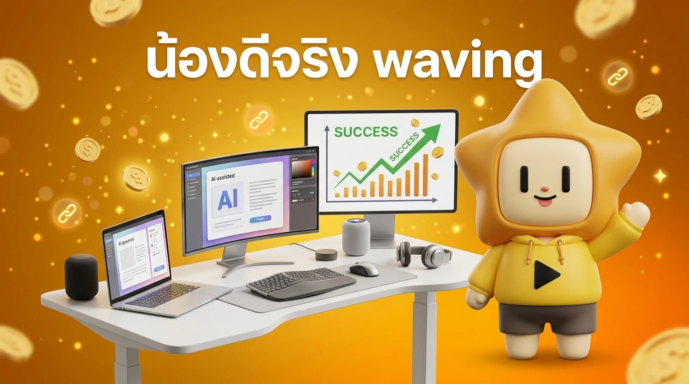 Mascot "Nong Dee Jing" waving happily next to a complete, modern AI PC workspace with a "Success" chart in the background