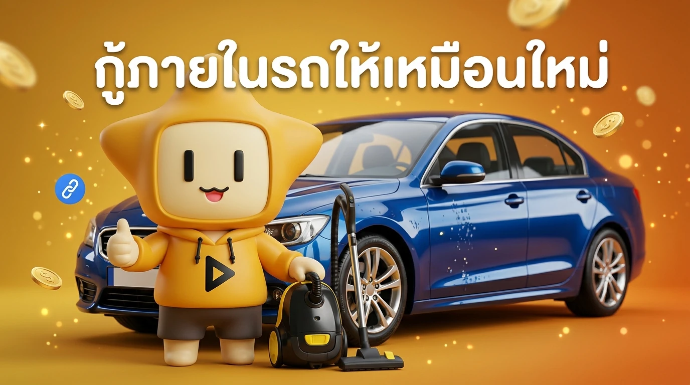 Nong Dee Jing Mascot character 3D Soft Vinyl Toy holding a vacuum cleaner and giving a thumbs up in front of a clean shiny car