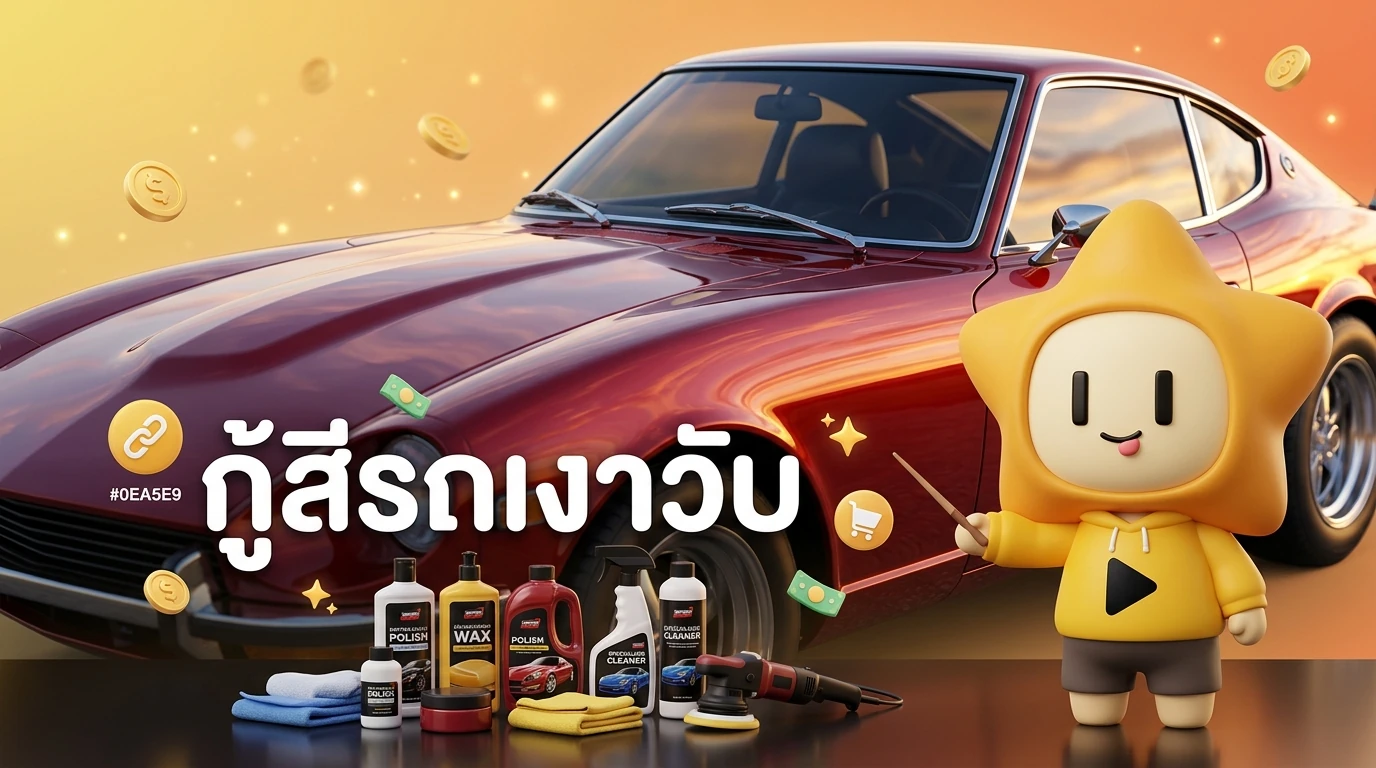 A shiny, restored car after detailing, reflecting the sunset like a mirror, with the products used placed neatly in the foreground