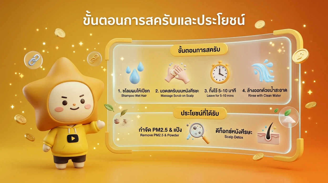 Infographic showing the steps of Scalp Scrubbing and the benefits of removing PM2.5 and powder