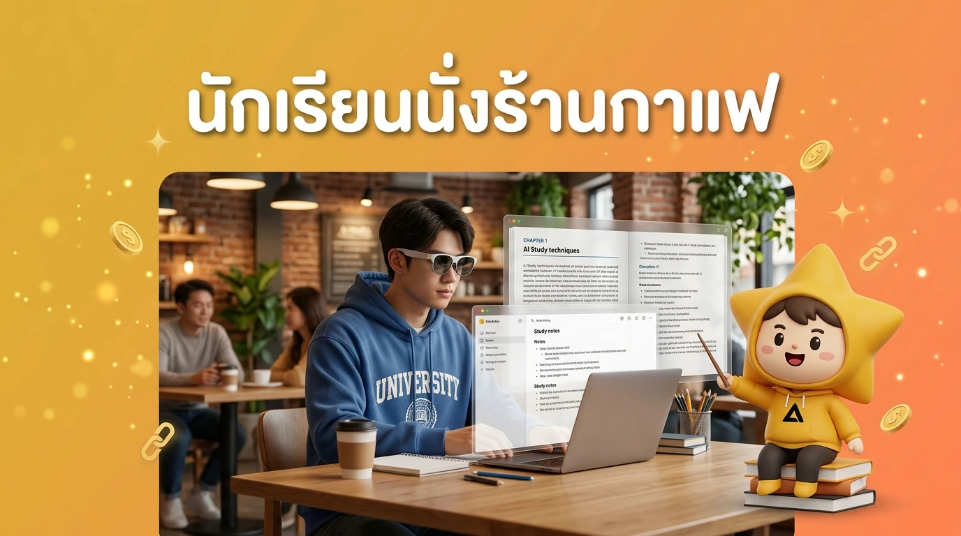 A student sitting in a coffee shop wearing XREAL Air 2 Ultra glasses, with semi-transparent virtual screens floating in front of them showing a textbook and a note-taking app.