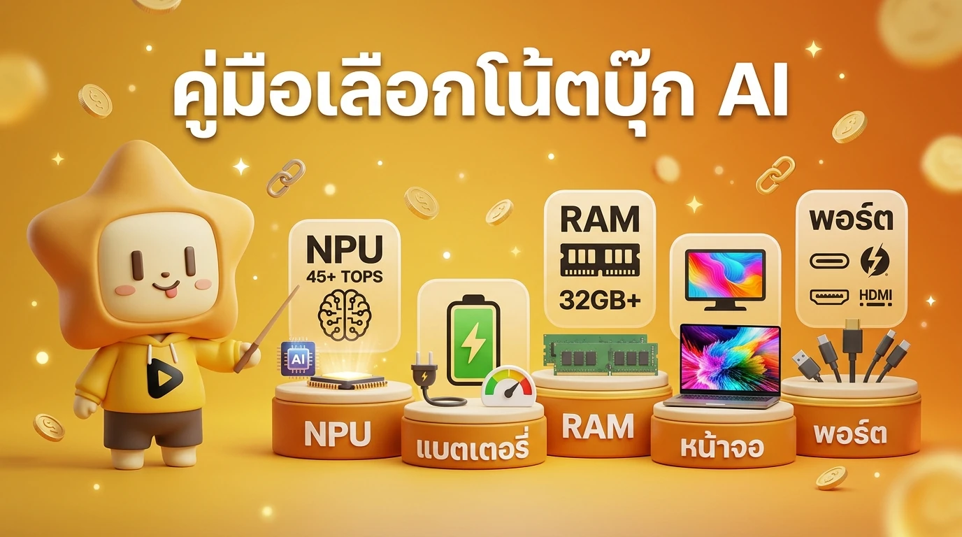 Infographic showing the 5 steps to choose an AI laptop with icons for NPU, Battery, RAM, Display, and Ports