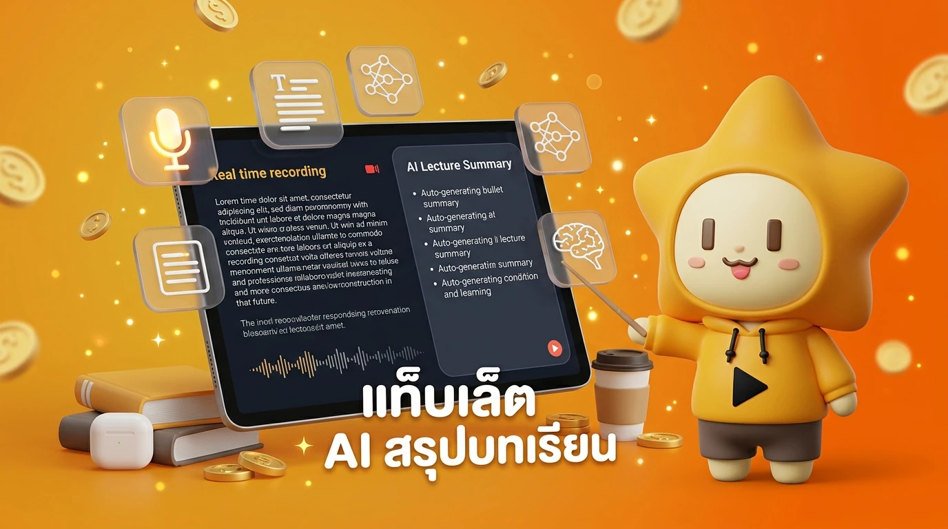 Infographic showing 2026 student lifestyle using AI tablet to record and summarize lecture in real-time