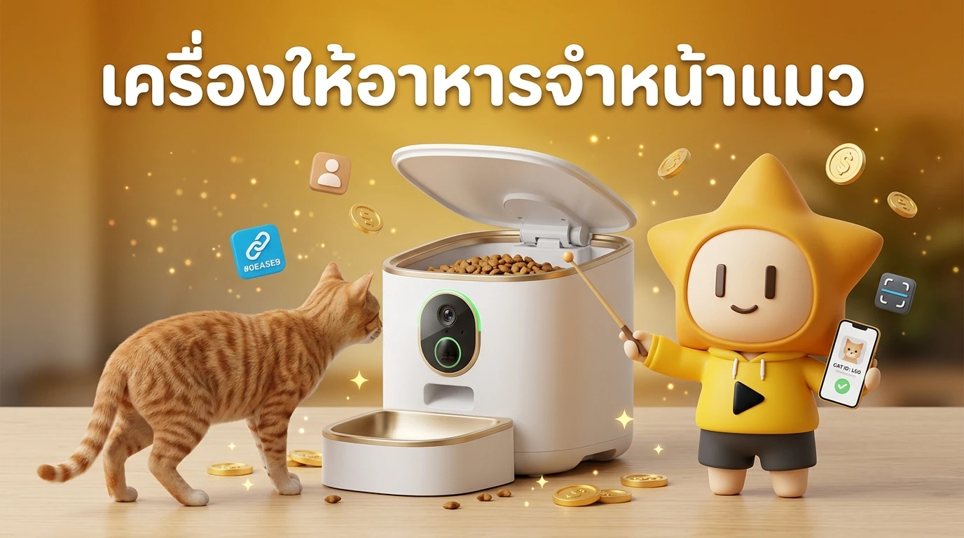 Close-up of a Smart Feeder opening its lid only for a specific cat using AI facial recognition technology.