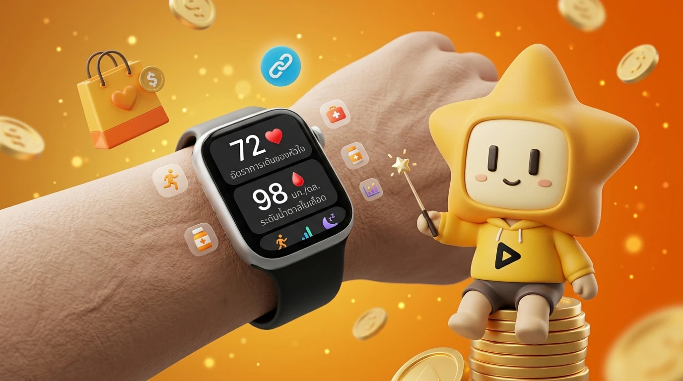 Close-up of a senior person wearing a modern smartwatch showing health stats like heart rate and blood glucose