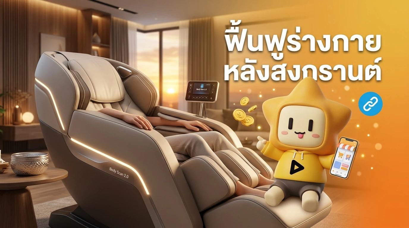A person relaxing on a high-tech AI massage chair in a modern living room during a golden sunset, feeling refreshed after a long holiday.