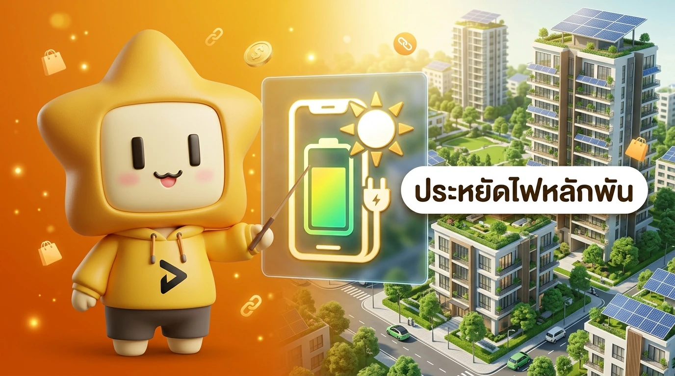 "Nong Dee Jing" mascot smiling and pointing to a solar-powered smartphone charging icon, with a background of a green city