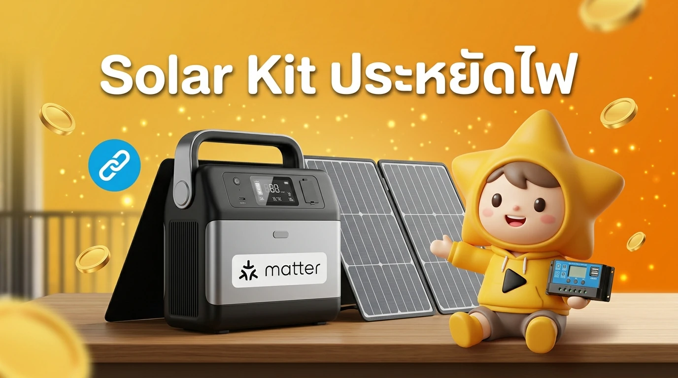 Product showcase of a modern All-in-One Solar Kit with a sleek design and Matter logo visibility