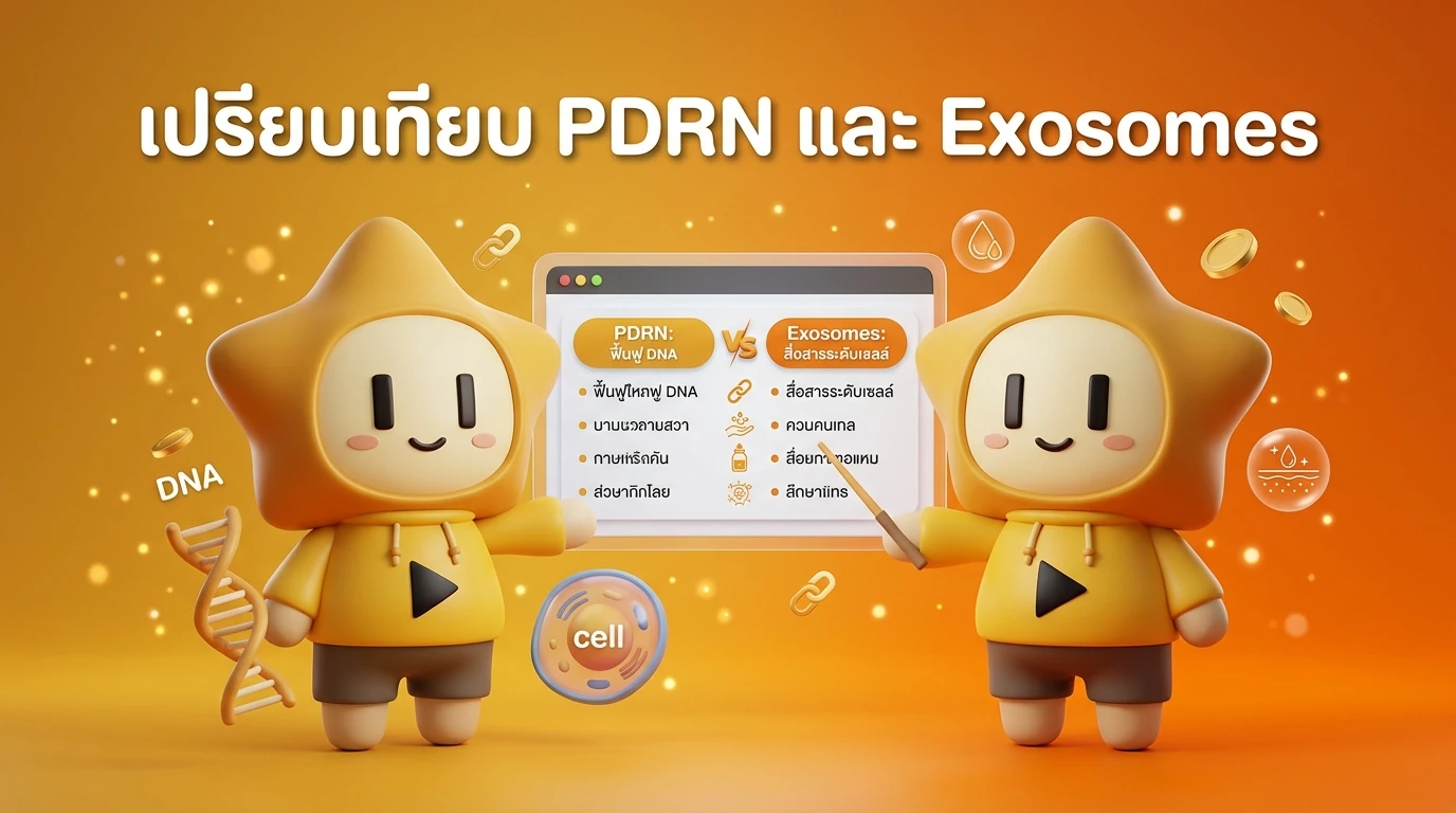 Comparison chart between PDRN and Exosomes showing their functions and benefits