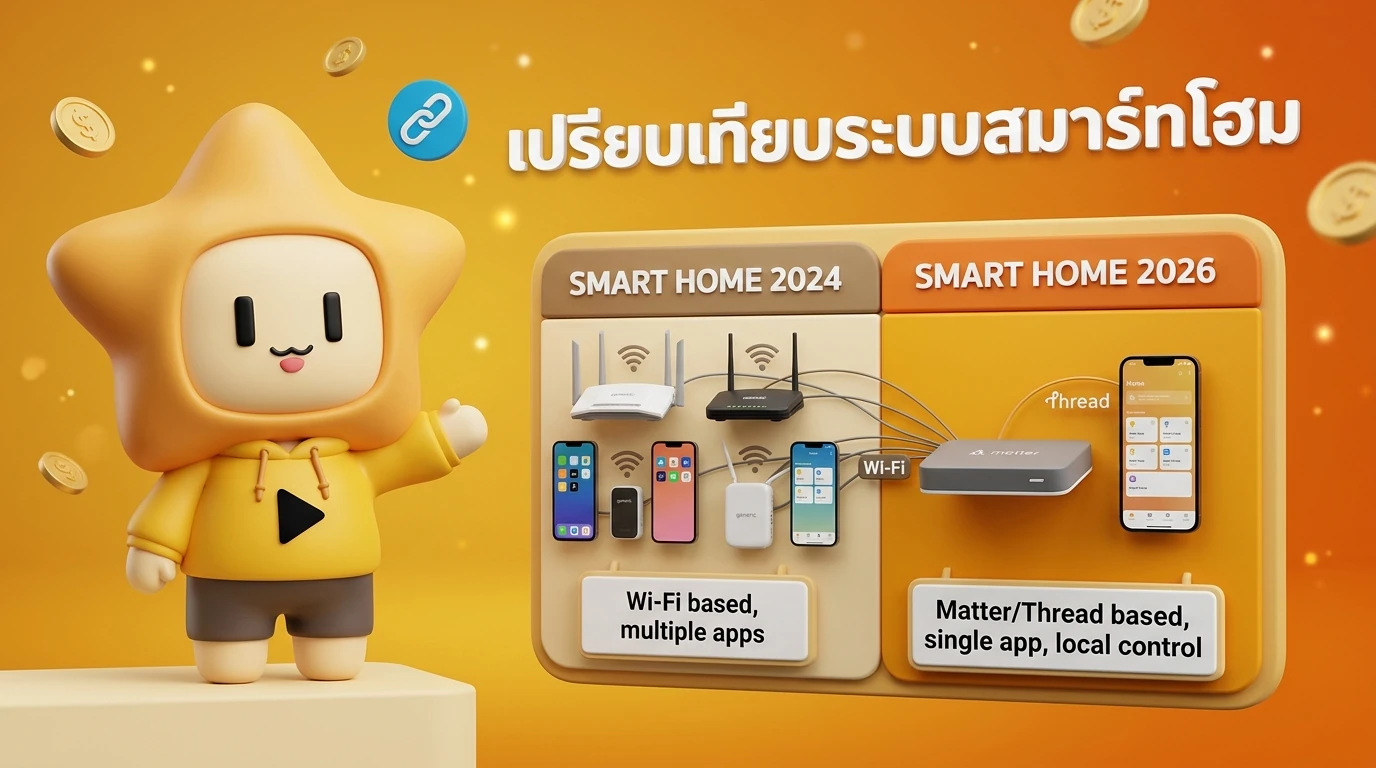 A comparison table showing the difference between Smart Home 2024 Wi-Fi based, multiple apps vs Smart Home 2026 Matter/Thread based, single app, local control