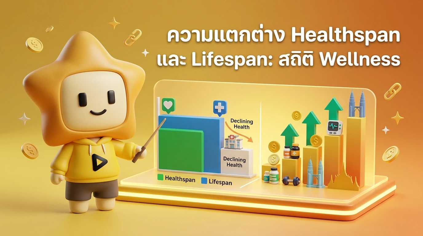 Infographic showing the difference between Healthspan and Lifespan with growth statistics of Wellness market in SEA 2026-2027