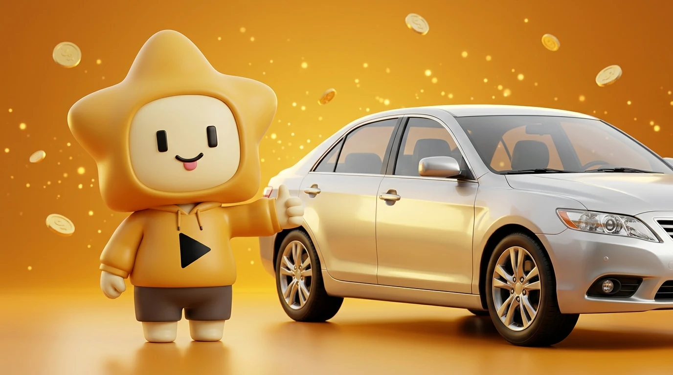 Nong Dee Jing Mascot giving a thumbs up next to a clean, shiny car