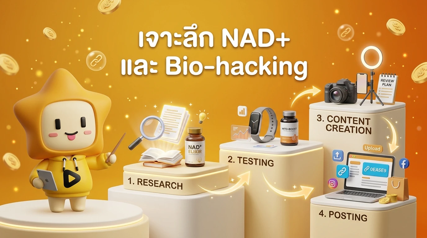 Step-by-step infographic showing how to create a review content for Bio-hacking products from research to posting