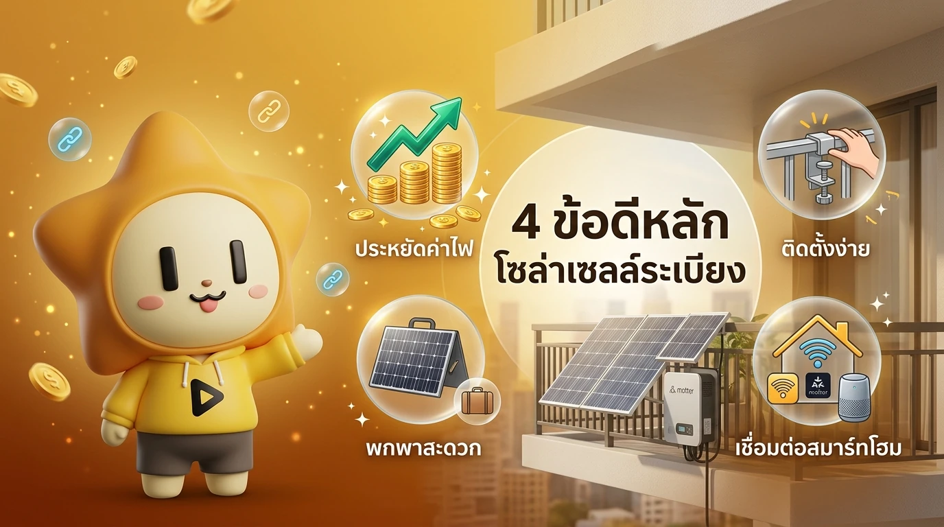 Summary graphic showing 4 key benefits of Balcony Solar: Savings, Easy Install, Portability, and Smart Home Integration