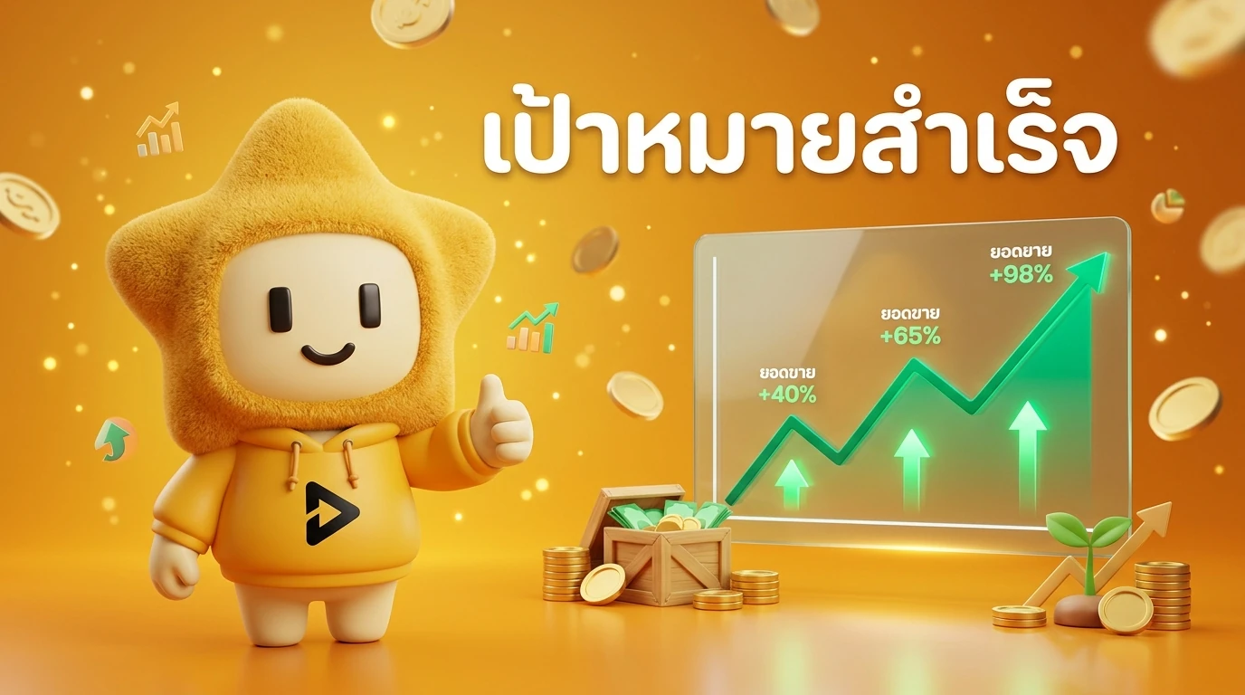 A motivational closing image featuring 'Nong Dee Jing' mascot giving a thumbs up with a success chart in the background