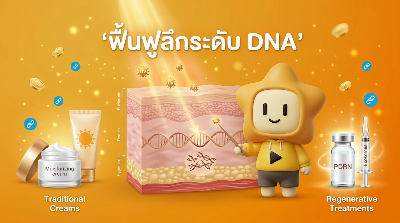 Infographic showing UV damage penetrating skin layers to DNA level and how traditional creams differ from regenerative treatments