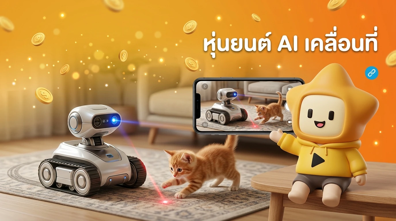 An AI robot toy moving around a living room, playing laser tag with a kitten while a person watches through a smartphone screen.