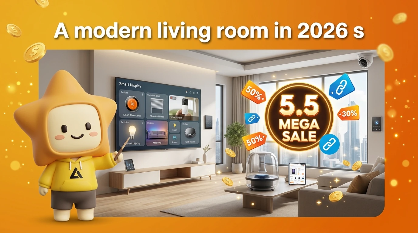 A modern living room in 2026 showing various integrated smart home devices with an overlay of 5.5 Mega Sale icons