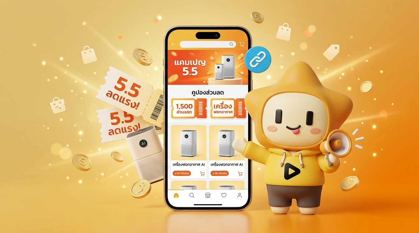 Screenshot mockup of a smartphone showing the 5.5 campaign vouchers and air purifier deals in a shopping app