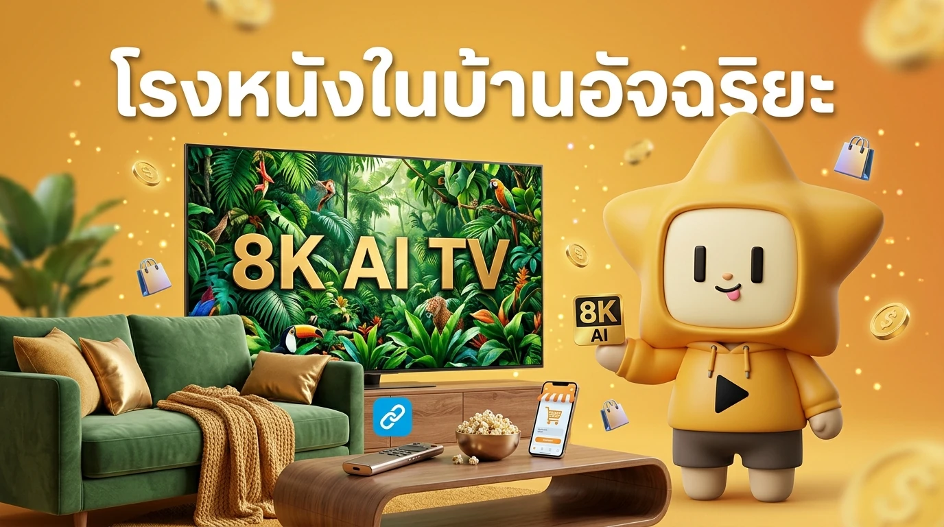 A futuristic home cinema setup with a massive 8K AI TV showing a vibrant jungle scene, atmosphere is cozy and luxurious