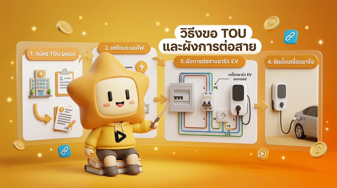 Step-by-step infographic showing the process of applying for a TOU meter and the standard wiring diagram for a home EV charger