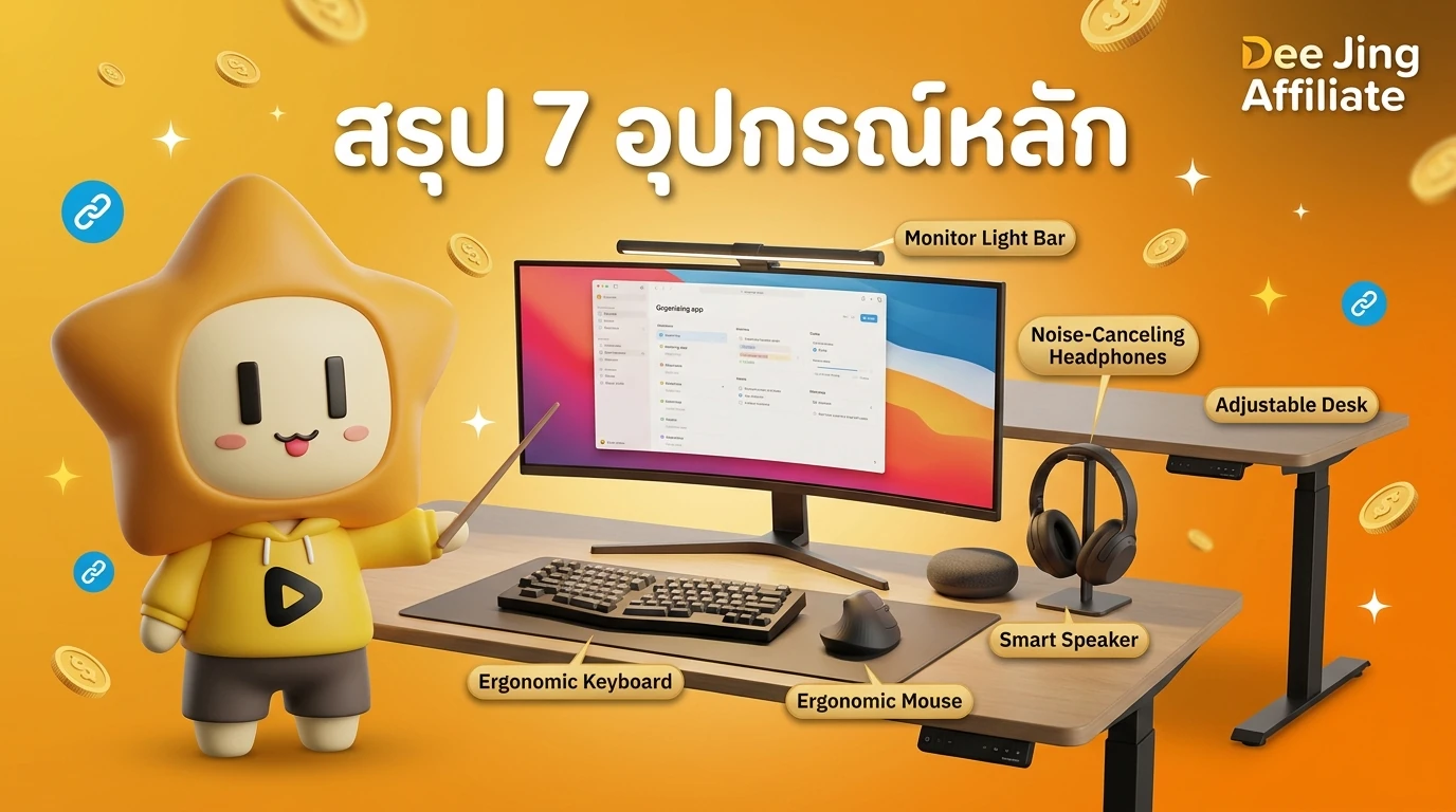 Summary graphic showing all 7 gadgets labeled on a dream desk setup with the "Dee Jing Affiliate" logo.