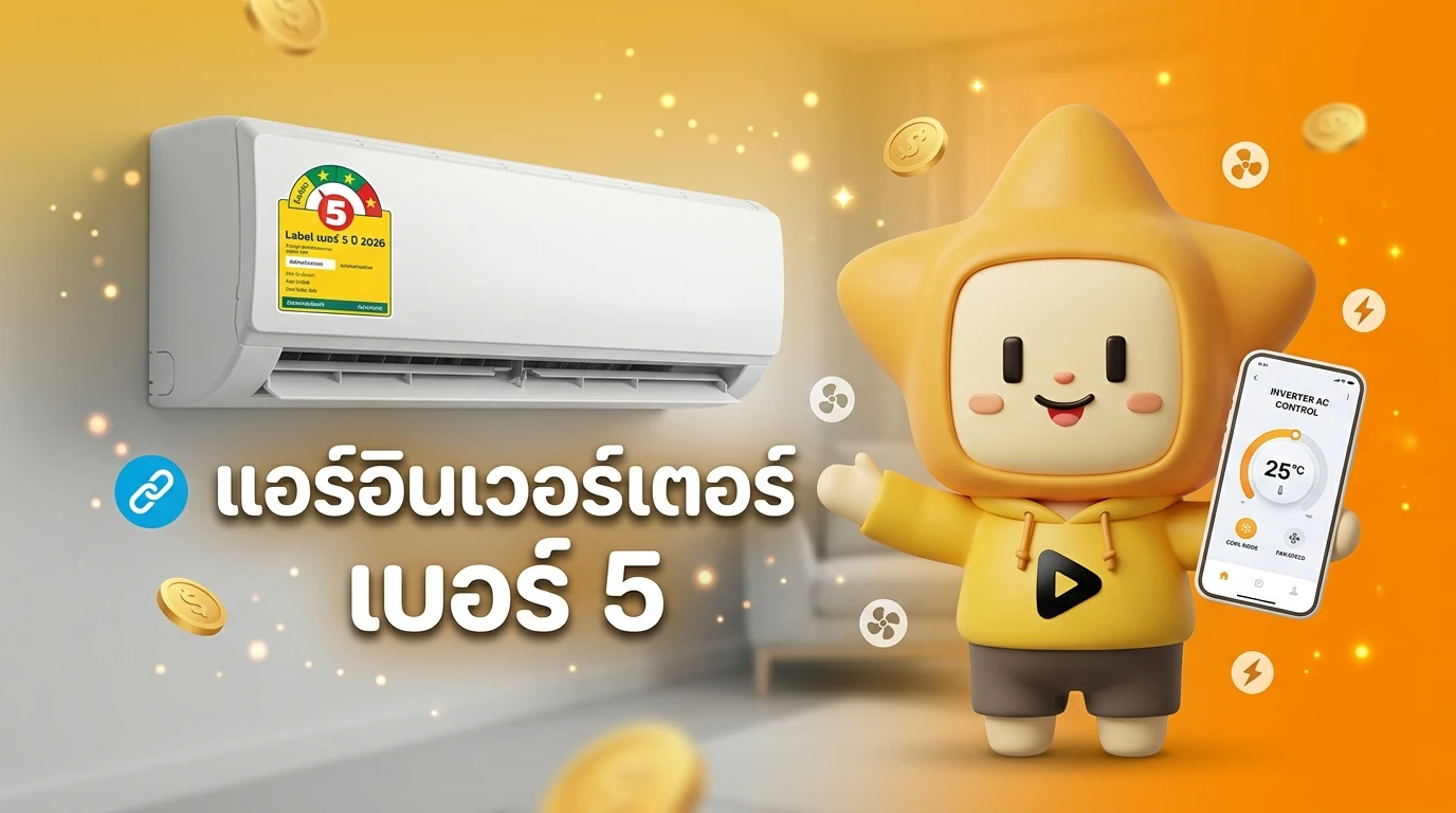 Modern Inverter Air Conditioner unit showing the 5-star label and smartphone control app