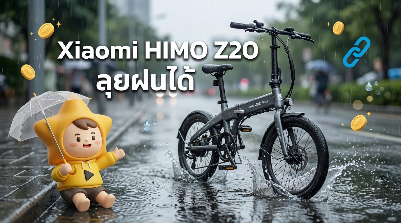 Action shot of Xiaomi HIMO Z20 Max riding through a puddle during rain, showing its water resistance