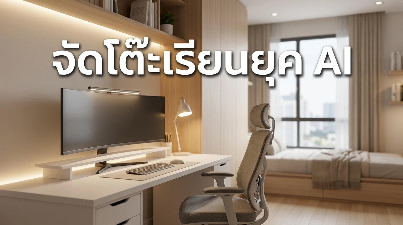 A high-tech, minimalist student desk setup in 2026 with an AI monitor, ergonomic chair, and smart lighting in a modern Thai dorm room.