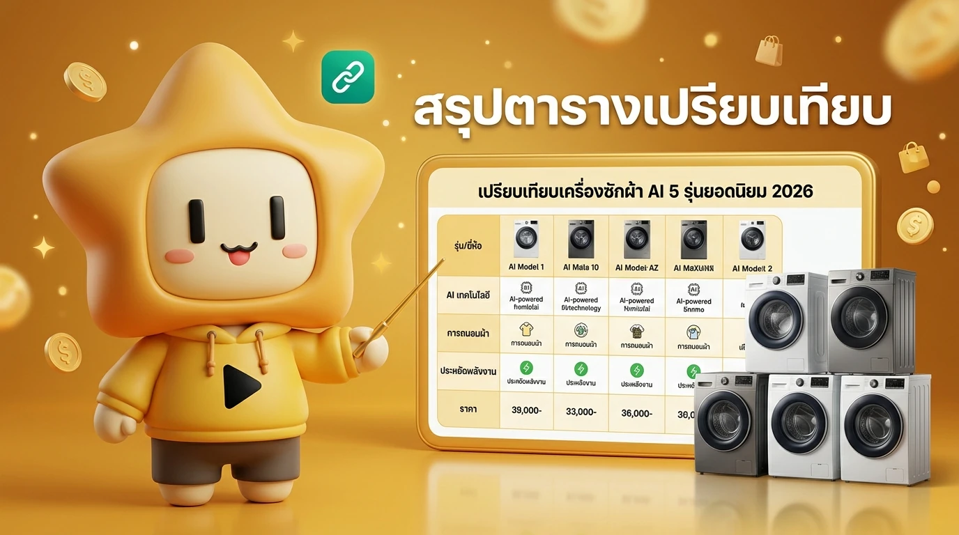 Nong Dee Jing mascot smiling and pointing to a comparison chart of the 5 washing machines