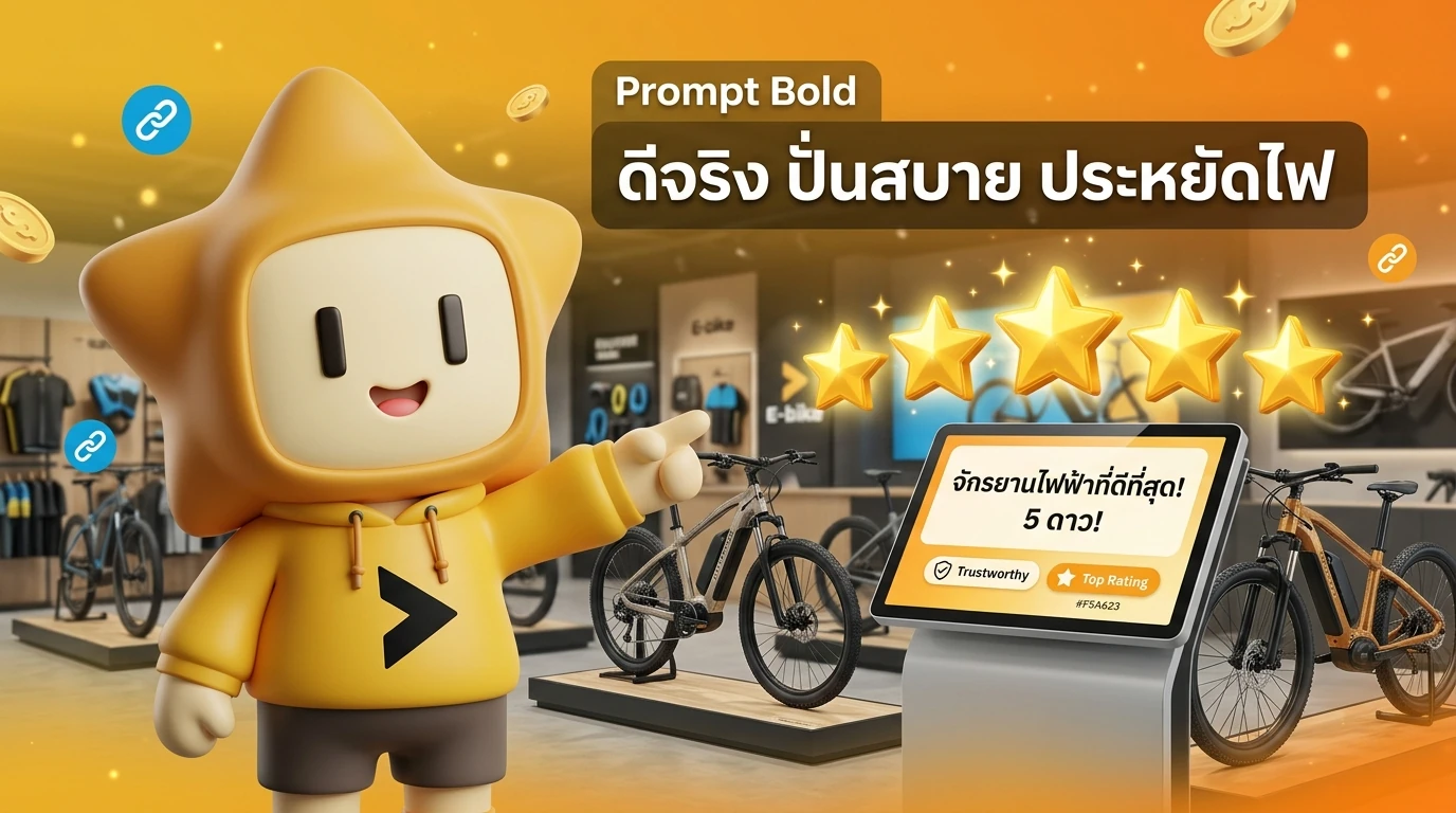 Mascot "Nong Deejing" smiling and pointing at a 5-star rating for an E-bike store