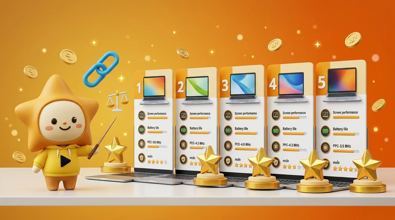 Comparison infographic showing the 5 laptops side-by-side with their key selling points and star ratings