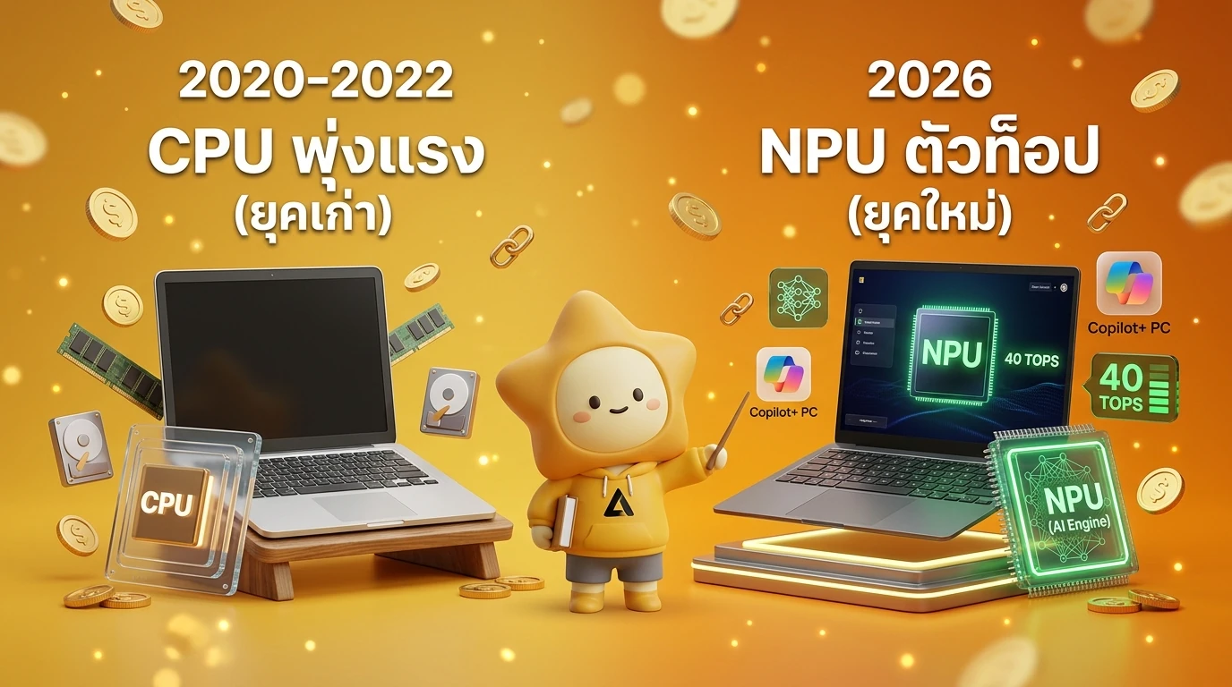 Infographic showing the evolution of student laptops from 2020 to 2026, highlighting the shift from CPU-focus to NPU-focus