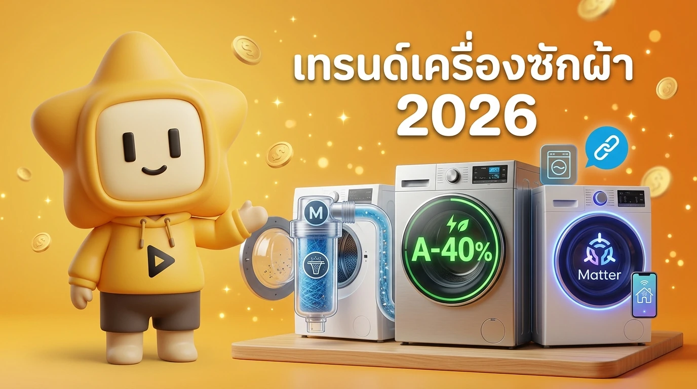 Infographic showing 2026 laundry trends: Microplastic filter, Energy Grade A-40%, and Matter integration icon