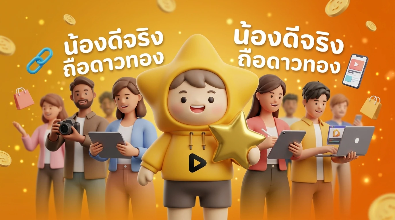 Mascot "Nong Dee Jing" holding a gold star, standing in front of a diverse group of happy digital creators